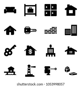 Solid vector icon set - vip waiting area vector, baggage room, home, key, brick wall, building, dollar, bank, bungalow, lighthouse, laser lever, constructor blocks