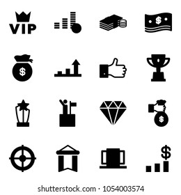 Solid vector icon set - vip vector, coin, cash, money bag, growth arrow, finger up, win cup, award, diamond, rich, target, pennant, doors, dollar chart