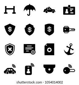 Solid vector icon set - vip zone vector, insurance, safety car, identity, safe, key, shield cross, certificate, anchor, wireless, card, surveillance camera