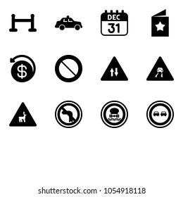 Solid vector icon set - vip zone vector, safety car, 31 dec calendar, star postcard, money back, prohibition road sign, oncoming traffic, slippery, wild animals, no left turn, dangerous cargo