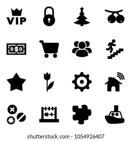 Solid vector icon set - vip vector, lock, christmas tree, rowanberry, dollar, cart, group, career, star medal, tulip, gear, wireless home, rivet, abacus, puzzle, toy boat