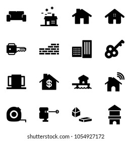 Solid vector icon set - vip waiting area vector, house, home, key, brick wall, building, doors, dollar, bungalow, wireless, measuring tape, laser lever, constructor blocks, toy block