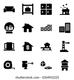 Solid vector icon set - vip waiting area vector, baggage room, house, snowball, home, brick wall, building, doors, dollar, bungalow, lighthouse, measuring tape, laser lever, constructor blocks