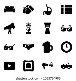 Solid vector icon set - vip waiting area vector, gloves, stomach, menu, telescope, award, sunglasses, swimsuit, beer, clock, playback, cpu, dryer, toy car