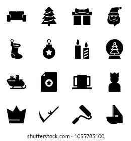 Solid vector icon set - vip waiting area vector, christmas tree, gift, santa claus, sock, ball, candle, snowball, sleigh, certificate, doors, king, crown, scythe, paint roller, sailboat toy