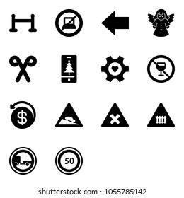 Solid vector icon set - vip zone vector, no computer sign, left arrow, angel, santa stick, christmas mobile, heart gear, alcohol, money back, steep descent road, railway intersection, trailer