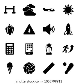 Solid vector icon set - vip zone vector, clouds, small plane, sun, sweet pepper, intersection road sign, volume medium, rocket, calculator, mobile, award, career, ice cream, volleyball, level