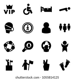 Solid vector icon set - vip vector, disabled, hotel, push ups, medical mask, no pedestrian road sign, user, group, friends, head hunter, man globe, success, win, victory, feet