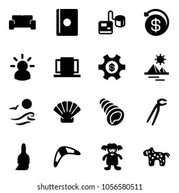 Solid vector icon set - vip waiting area vector, passport, tonometer, money back, idea, doors, managemet, pyramid, waves, shell, plumber, brush, boomerang, doll, toy horse