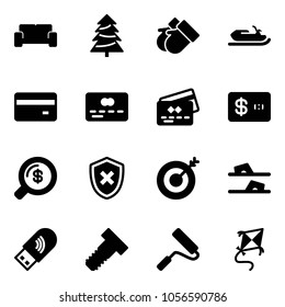 Solid vector icon set - vip waiting area vector, christmas tree, gloves, snowmobile, credit card, money search, shield cross, target, flip flops, usb wi fi, bolt, paint roller, kite