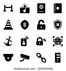 Solid vector icon set - vip zone vector, terrorism, passport, road cone, safe, unlocked, shield cross, anchor, identity card, wireless lock, fingerprint scanner, surveillance camera, link, server