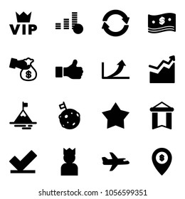 Solid vector icon set - vip vector, coin, exchange, cash, encashment, like, growth arrow, mountain, moon flag, star medal, pennant, check, king, plane, atm map pin