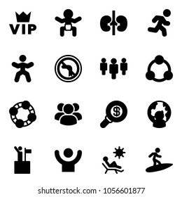 Solid vector icon set - vip vector, baby, kidneys, run, gymnastics, no left turn road sign, group, social, friends, search money, man globe, win, success, beach, surfing