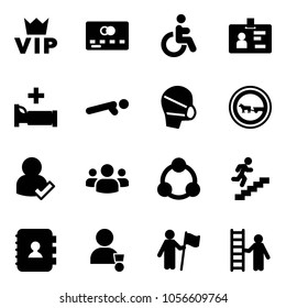 Solid vector icon set - vip vector, credit card, disabled, identity, hospital bed, push ups, medical mask, no cart horse road sign, user check, group, social, career, contact book, winner, win