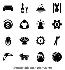 Solid vector icon set - vip waiting area vector, wine, mountains, pull ups, money back, social, idea, managemet, pineapple, shell, sun power, plumber, boomerang, toy horse, russian doll, basketball