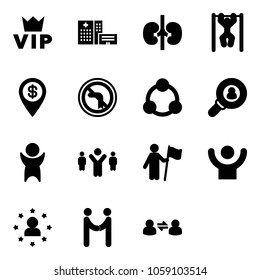 Solid vector icon set - vip vector, hospital building, kidneys, pull ups, dollar pin, no left turn road sign, social, head hunter, success, team leader, win, star man, agreement