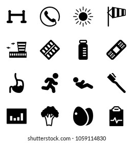 Solid vector icon set - vip zone vector, phone, sun, side wind, airport building, pills blister, vial, medical patch, stomach, run, abdominal muscles, tooth brush, statistics, broccoli, eggs