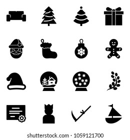 Solid vector icon set - vip waiting area vector, christmas tree, gift, santa claus, sock, ball, cake man, hat, snowball house, golden branch, certificate, king, scythe, sailboat toy