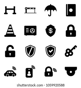Solid vector icon set - vip zone vector, barrier, insurance, passport, road cone, safe, locked, unlocked, shield, check, key, car wireless, identity card, lock, surveillance camera