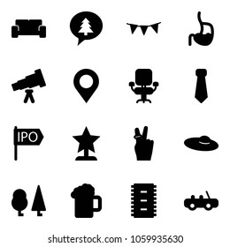 Solid vector icon set - vip waiting area vector, merry christmas message, flag garland, stomach, telescope, map pin, office chair, tie, ipo, award, victory, woman hat, forest, beer, chip, toy car