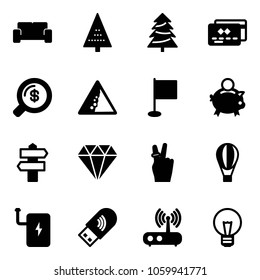 Solid Vector Icon Set - Vip Waiting Area Vector, Christmas Tree, Credit Card, Money Search, Landslide Road Sign, Flag, Piggy Bank, Signpost, Diamond, Victory, Air Balloon, Power, Usb Wi Fi, Router