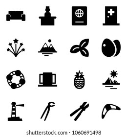 Solid vector icon set - vip waiting area vector, recieptionist, passport, first aid room, firework, mountains, three leafs, eggs, friends, doors, pineapple, pyramid, lighthouse, plumber, bolt cutter