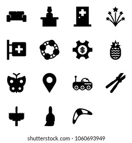 Solid vector icon set - vip waiting area vector, recieptionist, first aid room, firework, friends, money managemet, pineapple, butterfly, navigation pin, moon rover, bolt cutter, crown drill, brush