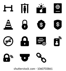 Solid vector icon set - vip zone vector, metal detector gate, terrorism, passport, road cone, lock, safe, end overtake limit sign, locked, certificate, identity card, wireless, surveillance camera