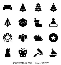 Solid vector icon set - vip waiting area vector, christmas tree, gift, sock, hat, wreath, angel, santa sleigh, star medal, king, butterfly, paint roller, sailboat toy