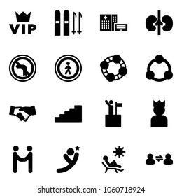 Solid vector icon set - vip vector, ski, hospital building, kidneys, no left turn road sign, pedestrian, friends, community, agreement, stairs, win, king, flying man, beach, information exchange