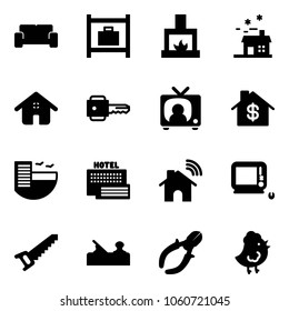 Solid vector icon set - vip waiting area vector, baggage room, fireplace, house, home, key, tv news, dollar, hotel, sea, wireless, monoblock pc, saw, jointer, side cutters, chicken toy