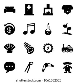 Solid vector icon set - vip waiting area vector, first aid room, fireplace, dog, money back, music, round flask, sproute, shell, sun power, moon rover, chat, plumber, boomerang, doll
