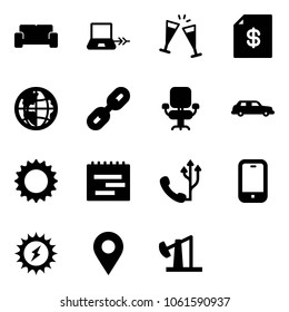 Solid vector icon set - vip waiting area vector, notebook connect, wine glasses, account statement, globe, link, office chair, limousine, sun, terms plan, phone, mobile, power, navigation pin