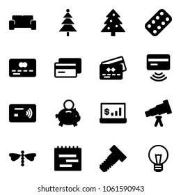 Solid vector icon set - vip waiting area vector, christmas tree, pills blister, credit card, tap pay, piggy bank, account statistics, telescope, dragonfly, terms plan, bolt, bulb