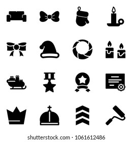 Solid vector icon set - vip waiting area vector, bow, christmas glove, candle, hat, wreath, santa sleigh, star medal, certificate, crown, chevron, paint roller