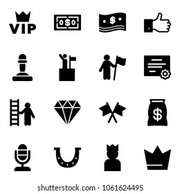 Solid vector icon set - vip vector, dollar, cash, finger up, pawn, win, certificate, opportunity, diamond, flags cross, money bag, microphone, luck, king, crown