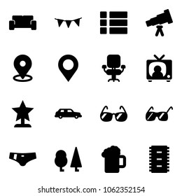 Solid vector icon set - vip waiting area vector, flag garland, menu, telescope, map pin, office chair, tv news, award, limousine, sunglasses, swimsuit, forest, beer, chip