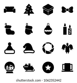 Solid vector icon set - vip waiting area vector, christmas tree, gift, bow, sock, glove, ball, candle, hat, wreath, angel, snowball house, santa sleigh, star medal, doors