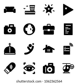 Solid vector icon set - vip waiting area vector, airport building, christmas star, play, camera, globe, portfolio, document, crown, flying man, home, server wireless, usb wi fi, eye scanner
