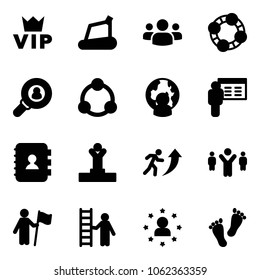 Solid vector icon set - vip vector, treadmill, group, friends, head hunter, community, man globe, presentation, contact book, winner, career, team leader, win, opportunity, star, feet