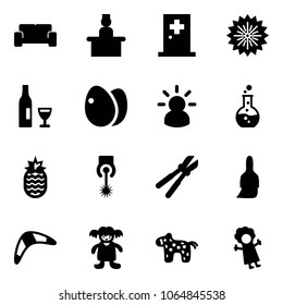 Solid vector icon set - vip waiting area vector, recieptionist, first aid room, firework, wine, eggs, idea, round flask, pineapple, laser, bolt cutter, brush, boomerang, doll, toy horse