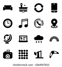 Solid vector icon set - vip waiting area vector, airport building, exchange, phone, time, music, horn, map pin, globe, statistics monitor, rain cloud, rainbow, camera, circuit, oil derrick