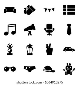 Solid vector icon set - vip waiting area vector, gloves, flag garland, menu, music, telescope, office chair, tie, award, victory, limousine, sunglasses, swimsuit, cap, robot