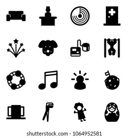 Solid vector icon set - vip waiting area vector, recieptionist, radar, first aid room, firework, dog, tonometer, pull ups, friends, music, idea, moon flag, doors, plumber, doll, russian