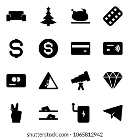 Solid Vector Icon Set - Vip Waiting Area Vector, Christmas Tree, Turkey, Pills Blister, Dollar Sign, Coin, Credit Card, Tap Pay, Landslide Road, Telescope, Diamond, Victory, Flip Flops, Power Bank