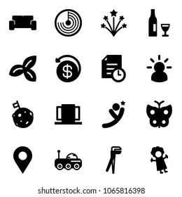 Solid vector icon set - vip waiting area vector, radar, firework, wine, three leafs, money back, history, idea, moon flag, doors, flying man, butterfly, navigation pin, rover, plumber, doll