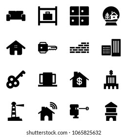 Solid vector icon set - vip waiting area vector, baggage room, snowball house, home, key, brick wall, building, doors, dollar, bank, lighthouse, wireless, laser lever, toy block