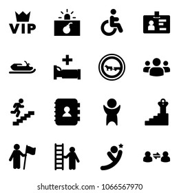 Solid vector icon set - vip vector, terrorism, disabled, identity, snowmobile, hospital bed, no cart horse road sign, group, career, contact book, success, win, opportunity, flying man