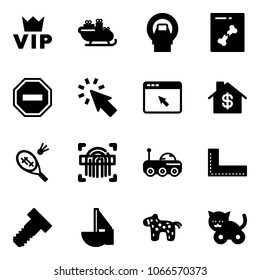 Solid vector icon set - vip vector, santa sleigh, mri, x ray, no way road sign, cursor, browser, home dollar, badminton, fingerprint scanner, moon rover, corner ruler, bolt, sailboat toy, horse, cat