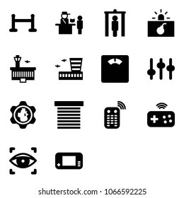 Solid vector icon set - vip zone vector, passport control, metal detector gate, terrorism, airport building, floor scales, settings, gear globe, jalousie, remote, joystick wireless, eye scanner
